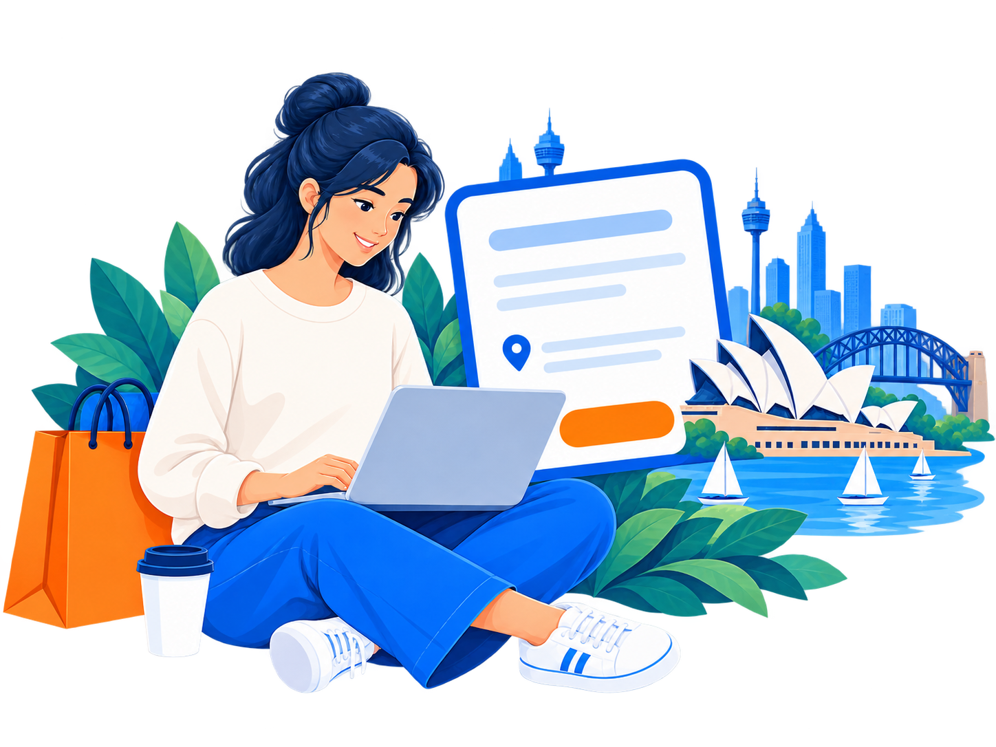 A shopper setting up her Australian address beside a laptop and a softly illustrated Sydney skyline.