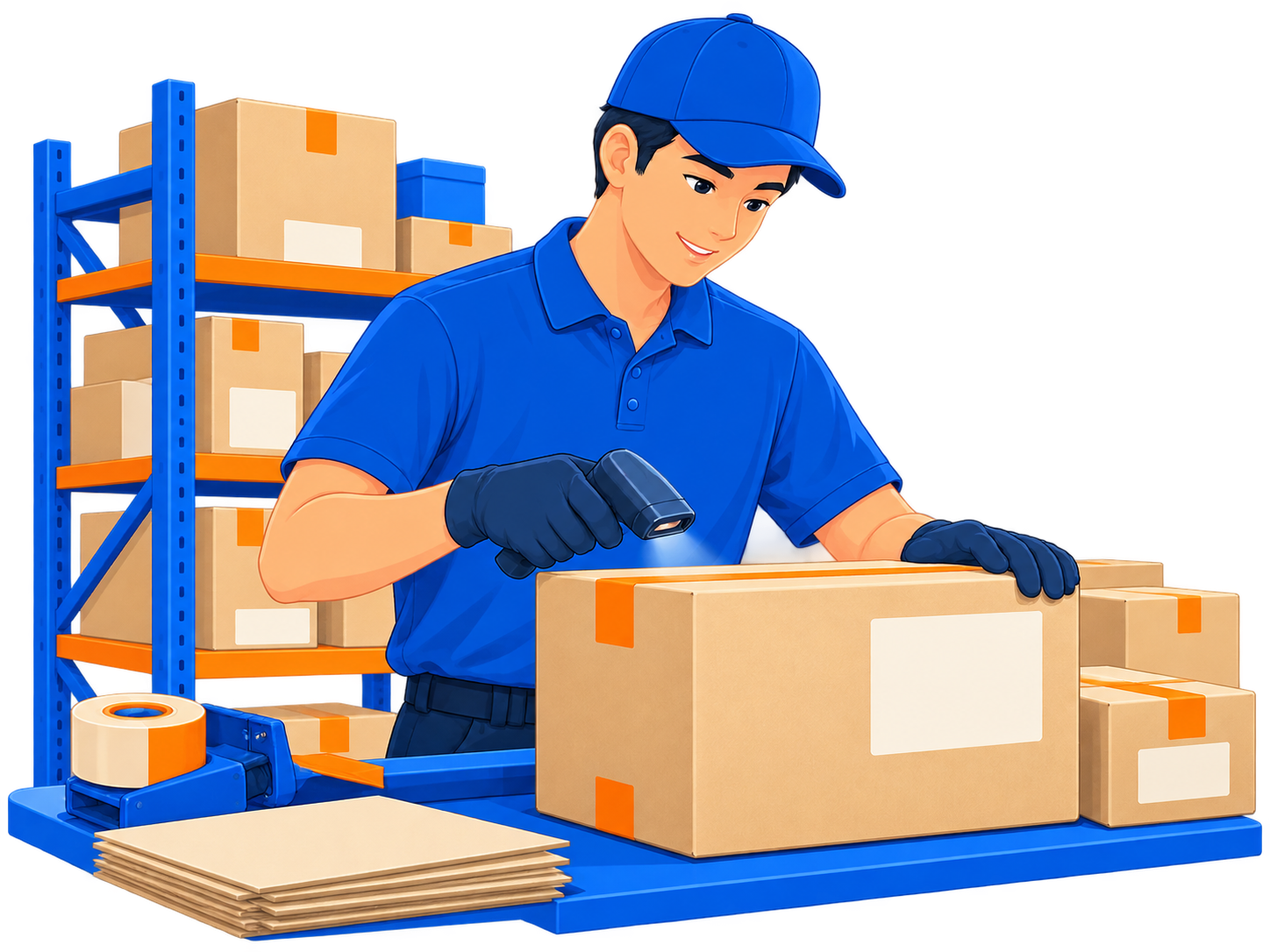 An AusShip warehouse team member checking incoming parcels at an orderly packing station.
