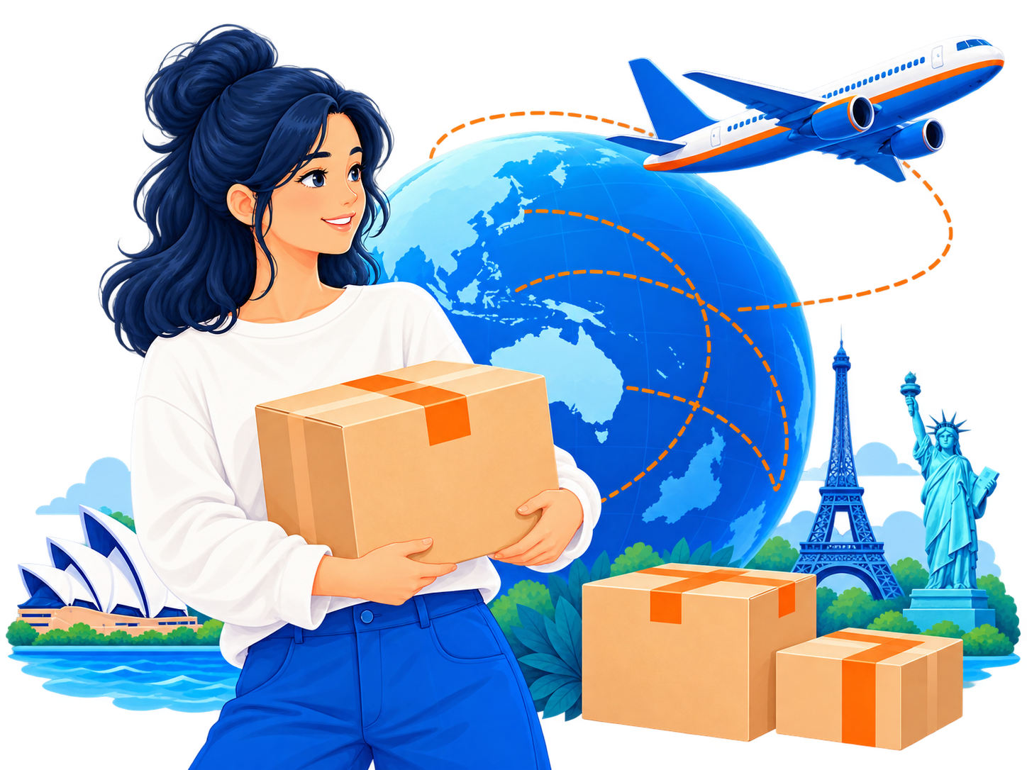 A shopper holding her parcel beside a globe, aircraft and international delivery routes.