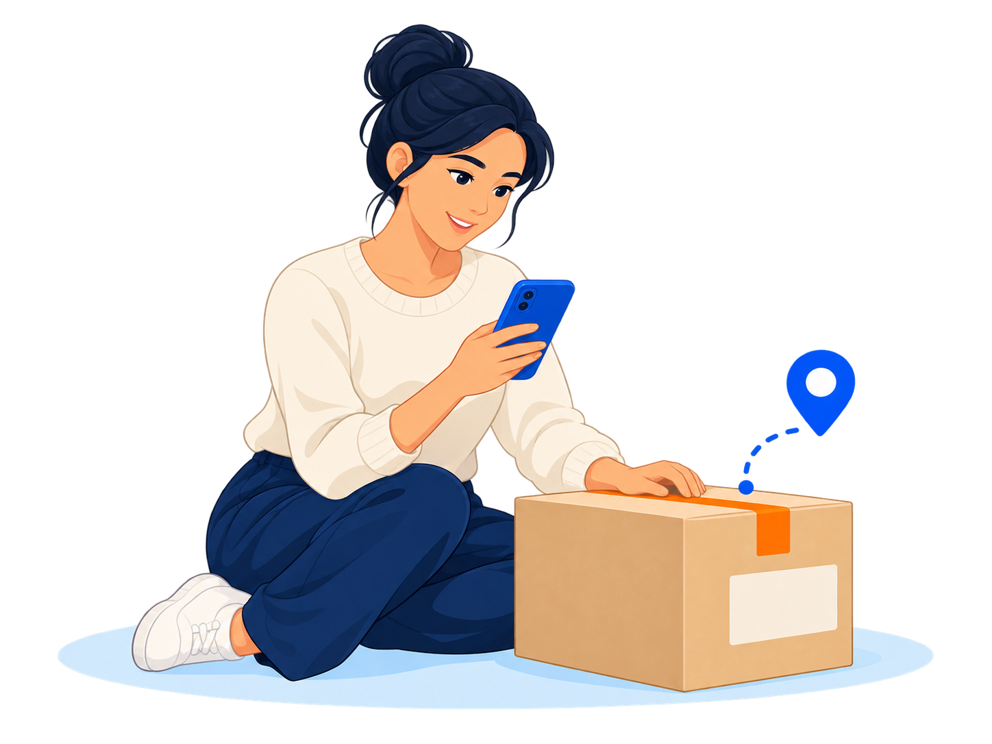 A shopper checking her phone beside a parcel, with a simple delivery route.