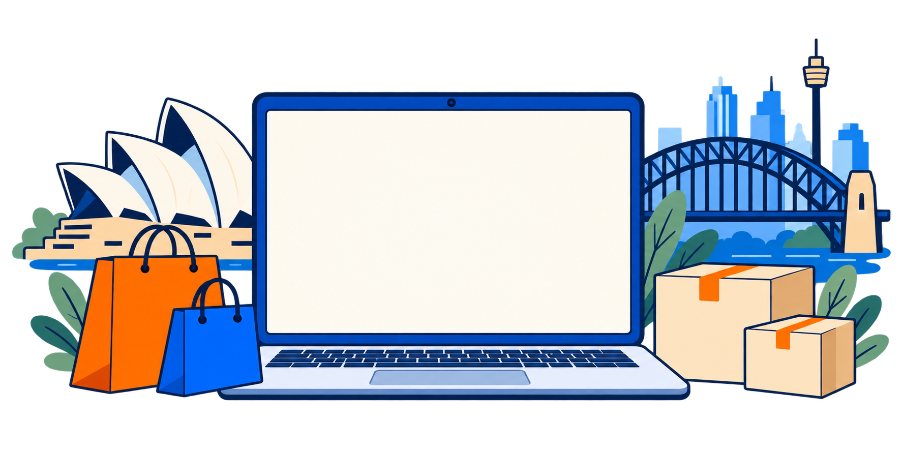 Flat AusShip illustration of a laptop, shopping bags and parcels with Sydney landmarks